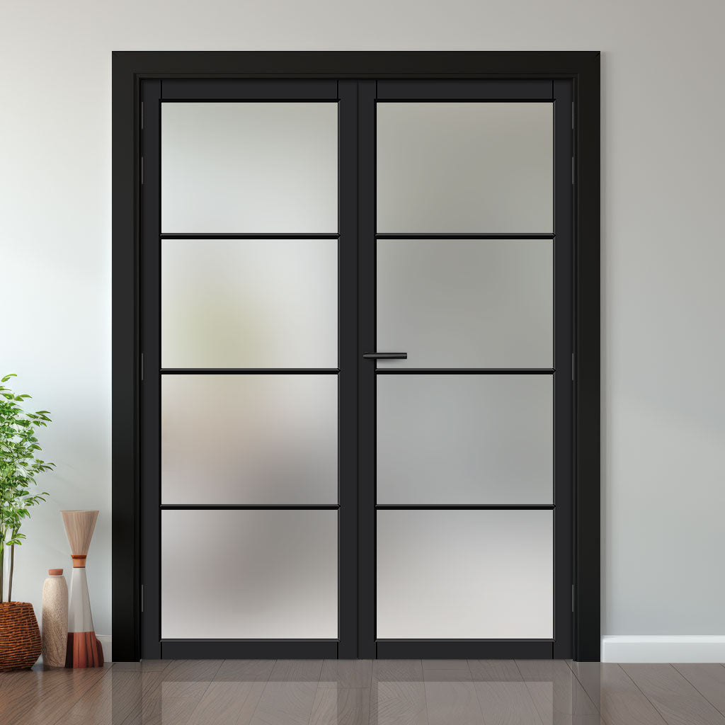 Florence Solid Wood Internal Door Pair UK Made DD0114F Frosted Glass - Shadow Black Premium Primed - Urban Lite® Bespoke Sizes