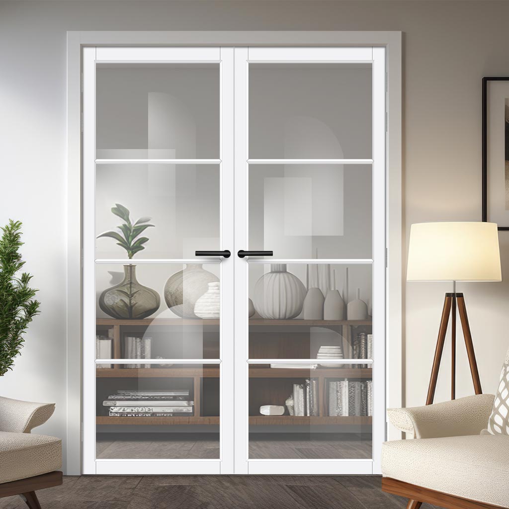 Florence Solid Wood Internal Door Pair UK Made DD0114C Clear Glass - Cloud White Premium Primed - Urban Lite® Bespoke Sizes