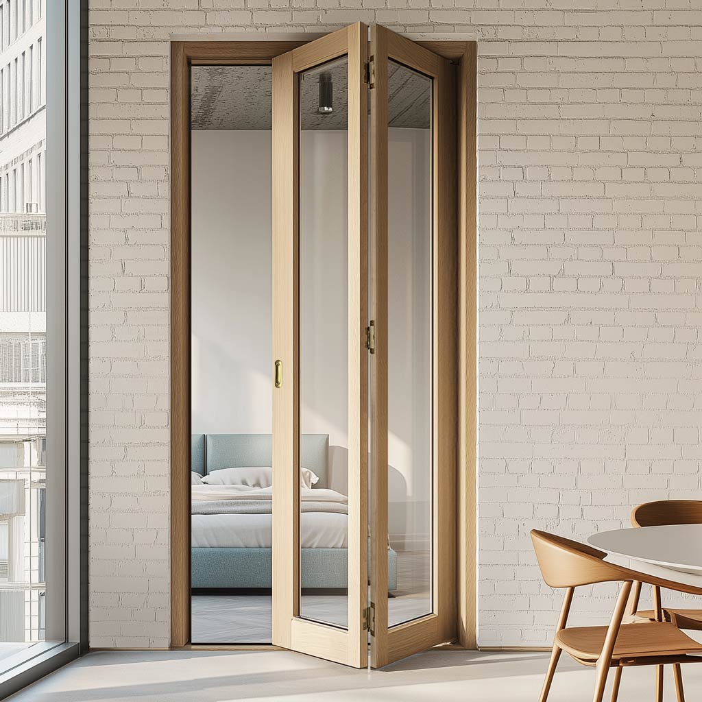 Contemporary Pattern 10 Oak Bifold Internal Door - Clear Glass