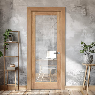 Image: EasiKit Internal Door and Frame Kit - Full Pane Oak Internal Door - Clear Glass