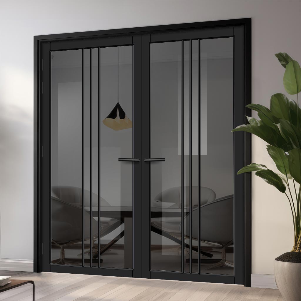 Galeria Solid Wood Internal Door Pair UK Made DD0102T Tinted Glass - Shadow Black Premium Primed - Urban Lite® Bespoke Sizes