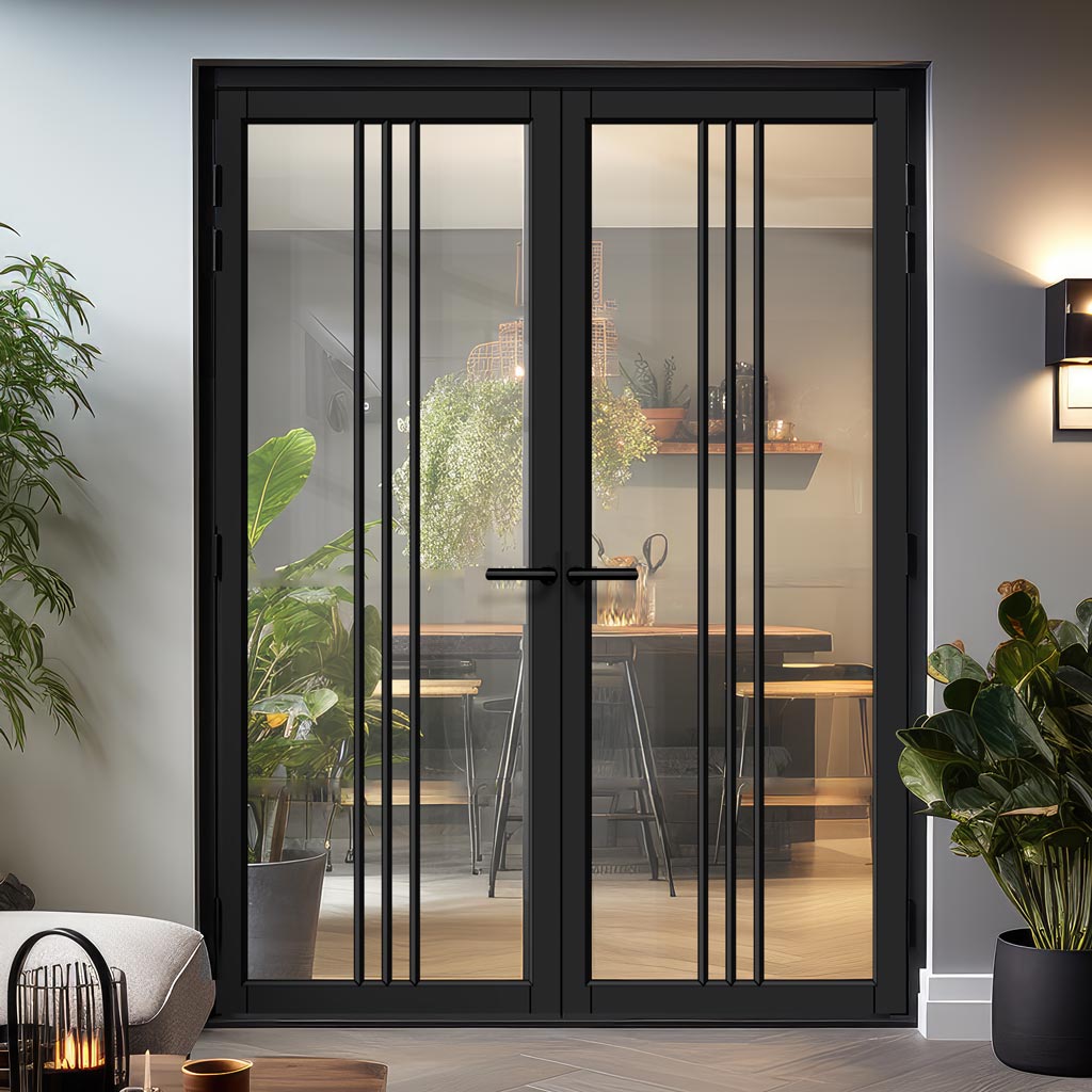 Galeria Solid Wood Internal Door Pair UK Made DD0102C Clear Glass - Shadow Black Premium Primed - Urban Lite® Bespoke Sizes