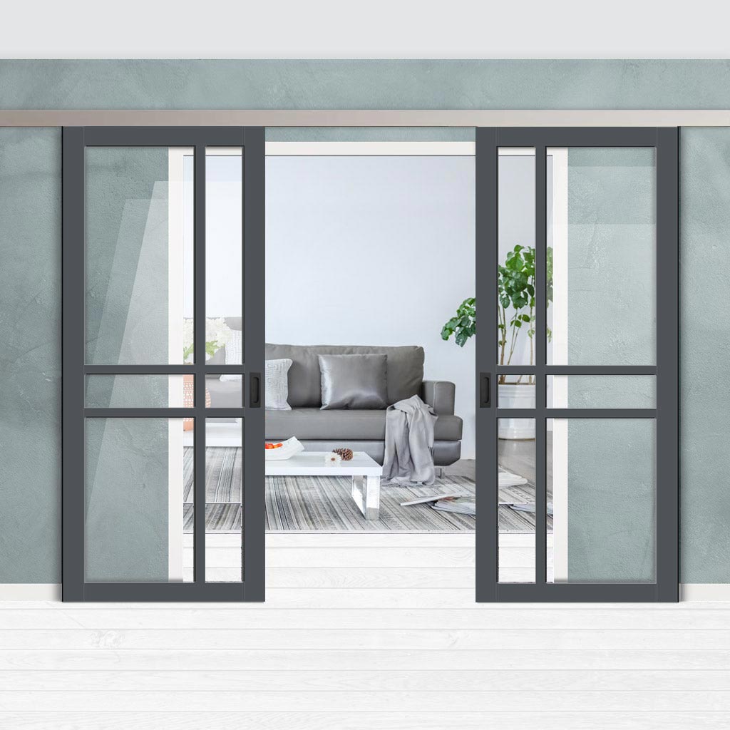 Double Sliding Door & Premium Wall Track - Eco-Urban® Glasgow 6 Pane Doors DD6314G - Clear Glass - 6 Colour Options