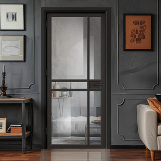 Image: EasiKit Internal Door and Frame Kit - Greenwich Black Primed Internal Door - Clear Glass - Unfinished