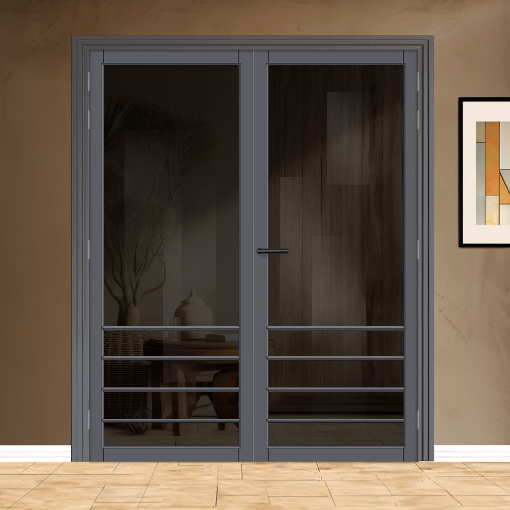 Hirahna Solid Wood Internal Door Pair UK Made DD0109T Tinted Glass - Stormy Grey Premium Primed - Urban Lite® Bespoke Sizes