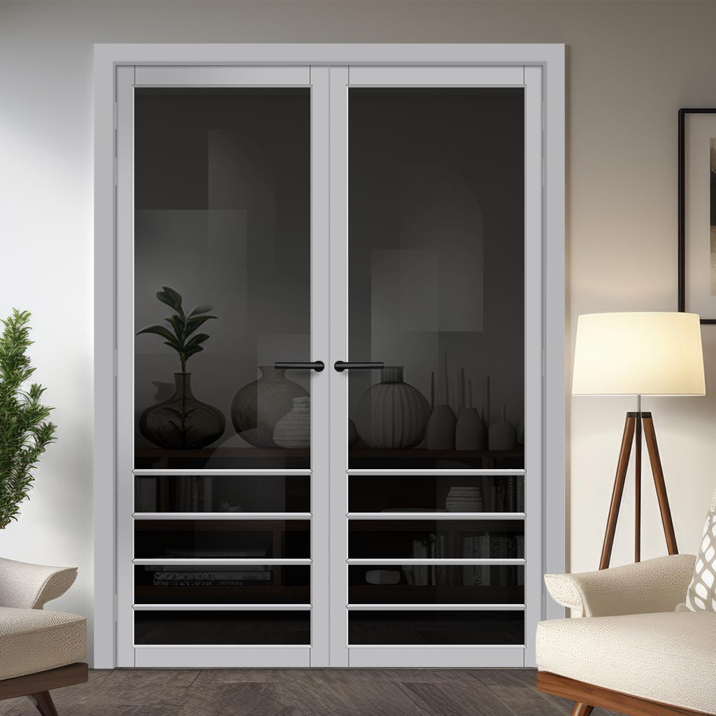 Hirahna Solid Wood Internal Door Pair UK Made DD0109T Tinted Glass - Mist Grey Premium Primed - Urban Lite® Bespoke Sizes