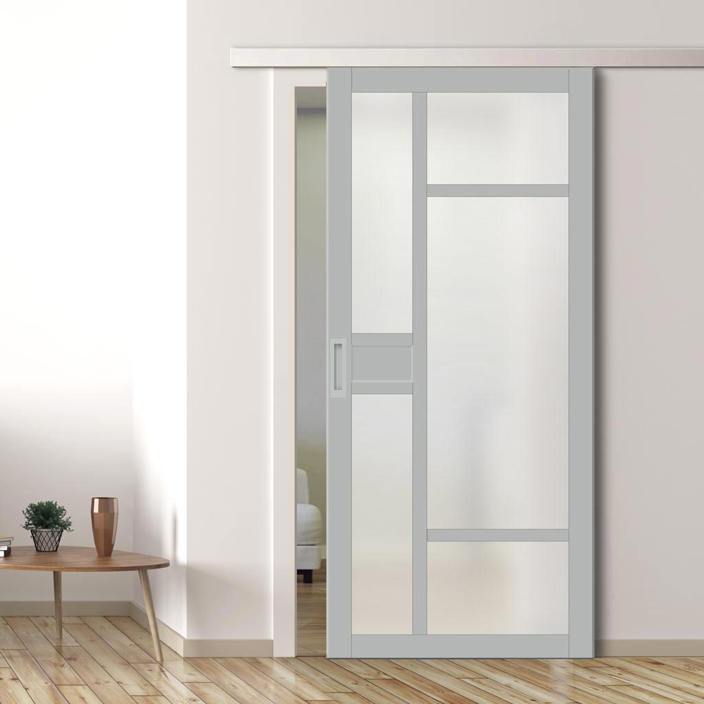 Single Sliding Door & Premium Wall Track - Eco-Urban® Jura 5 Pane 1 Panel Door DD6431SG Frosted Glass - 6 Colour Options