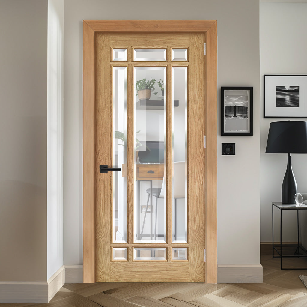 EasiKit Internal Door and Frame Kit - Kerry Oak Internal Door - Bevelled Clear Glass - Unfinished