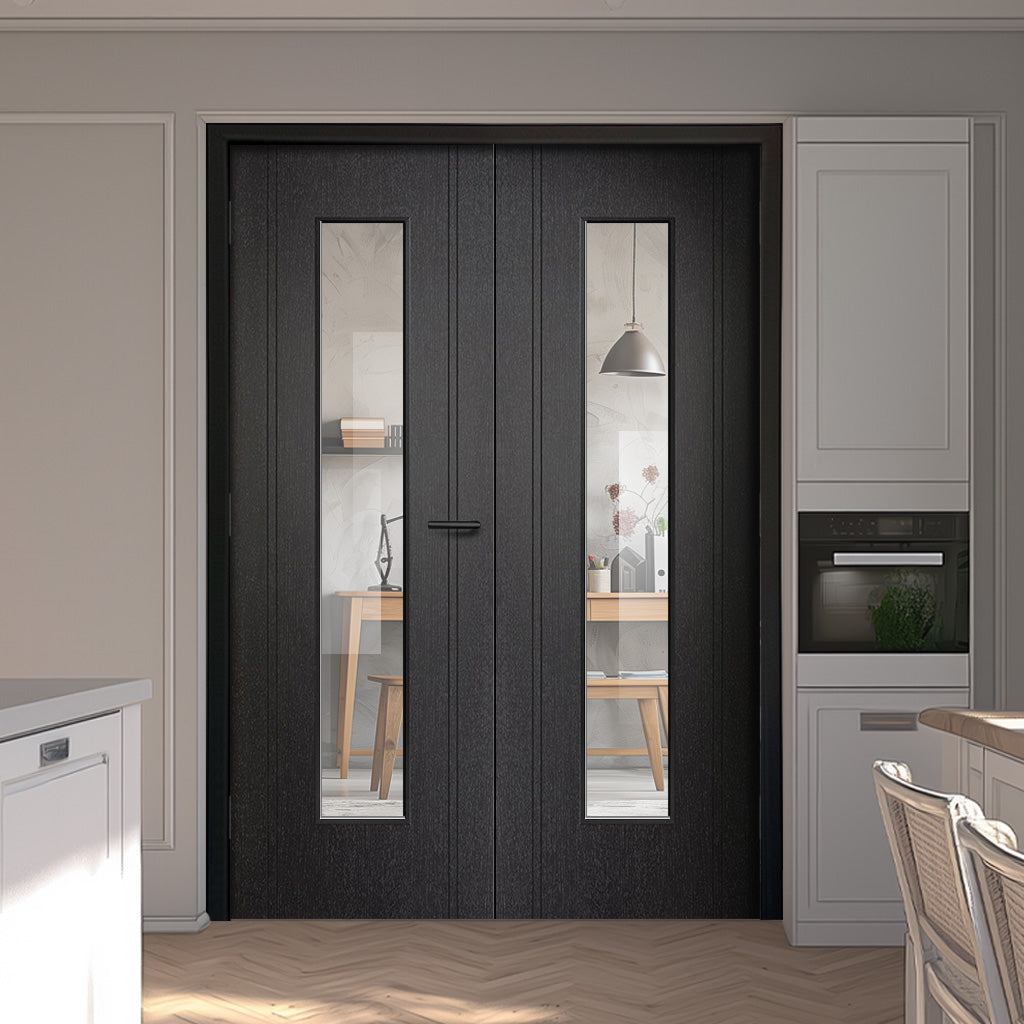 Laminate Monaco Black Internal Door Pair- Clear Glass - Prefinished