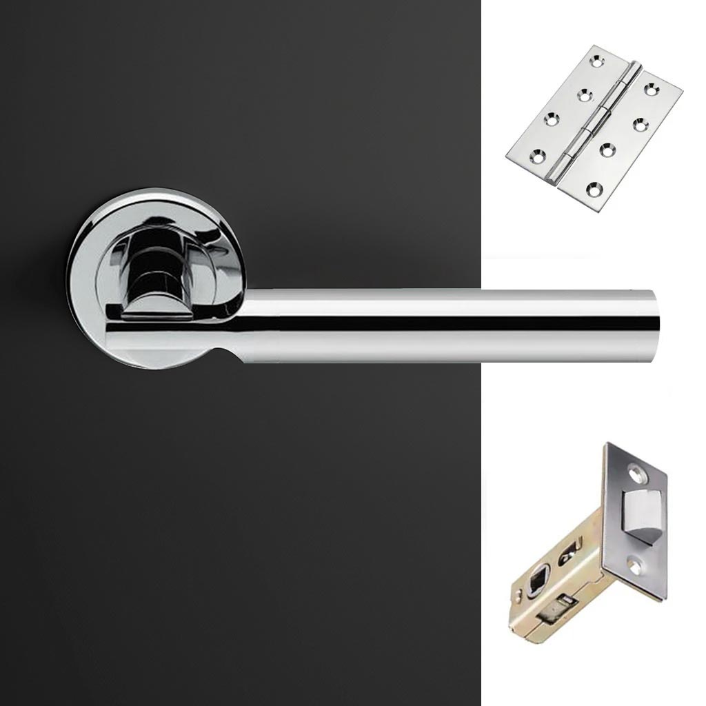 Turin Door Lever Handle Pack - 3 Square Hinges - Polished Chrome Finish