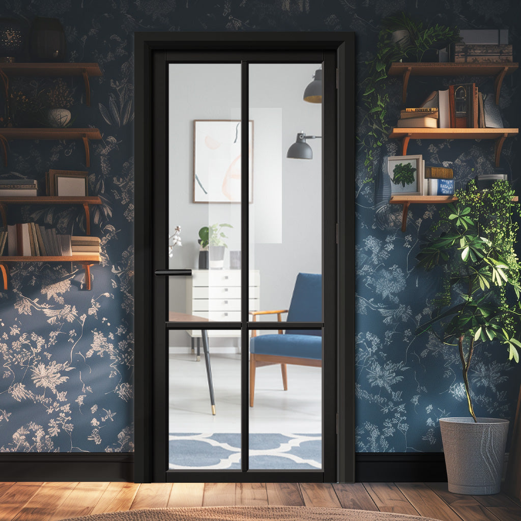 EasiKit Internal Door and Frame Kit - Liberty 4 Pane Black Primed Internal Door - Clear Glass