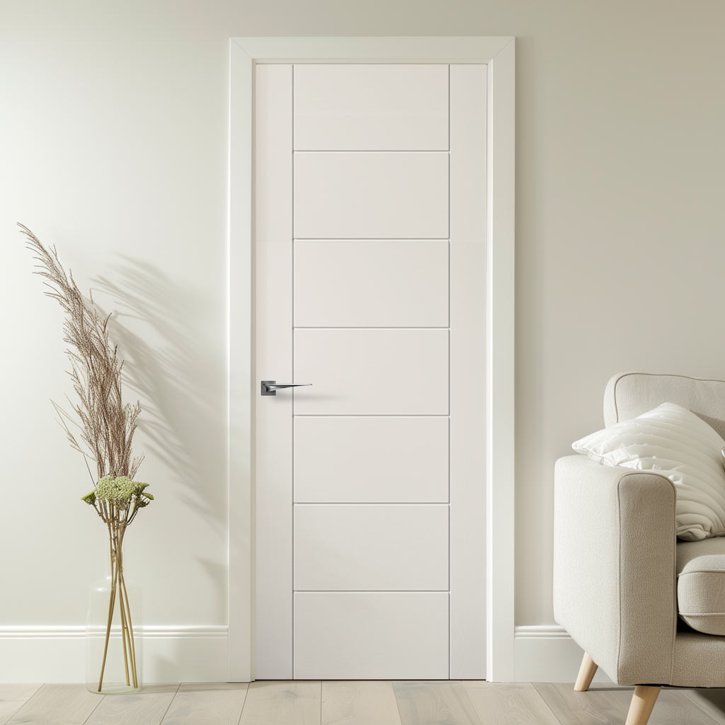 Fire Rated Internal Door - Linear 7 Panel Door - White Laminated - Prefinished