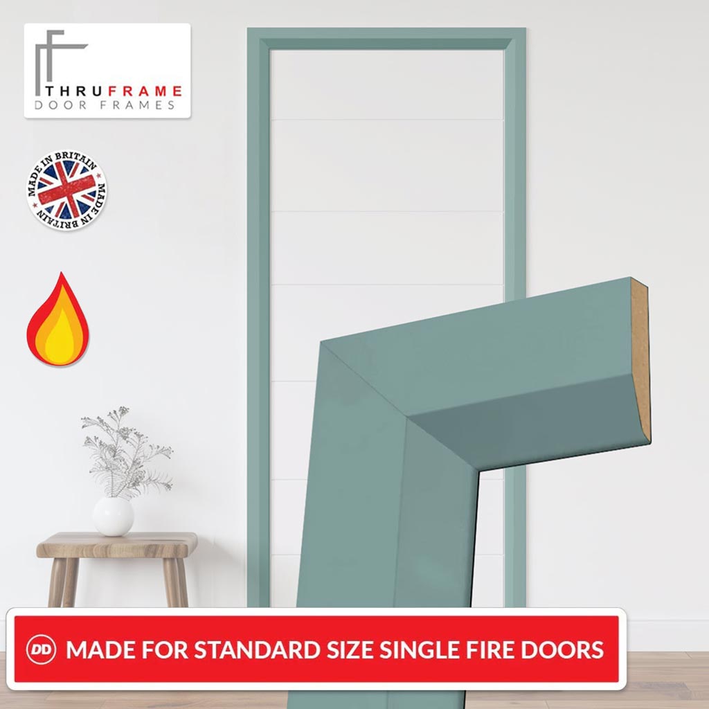 Made to Size Single Fire Door Frame and Modern Architrave Kit in Sage Sky Primed MDF - Suits 30 Minute Fire Doors