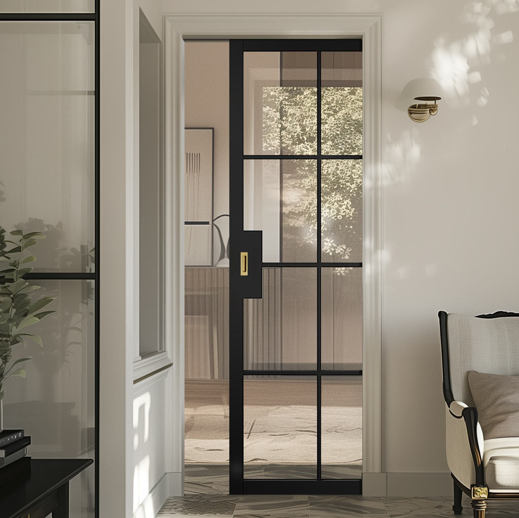 Malvern Black Single Evokit Pocket Door - Clear Glass - Prefinished