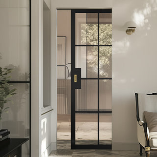 Image: Malvern Black Single Absolute Evokit Pocket Door - Clear Glass - Prefinished