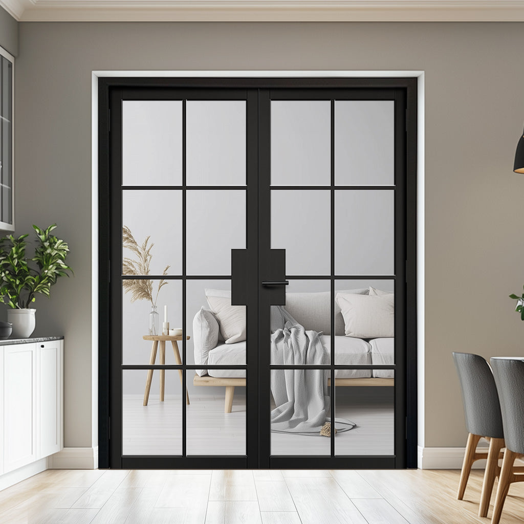 Malvern Black Internal Door Pair - Clear Glass - Prefinished