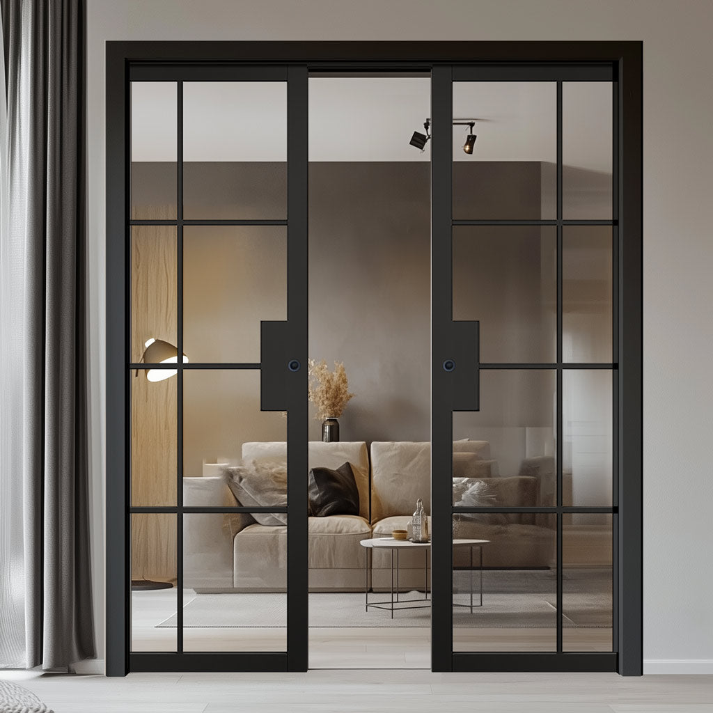 Malvern Black Double Evokit Pocket Doors - Clear Glass - Prefinished