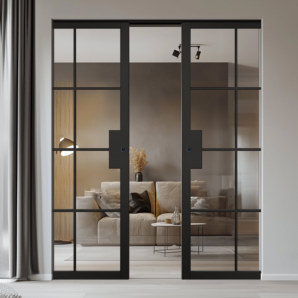 Malvern Black Absolute Evokit Double Pocket Doors - Clear Glass - Prefinished