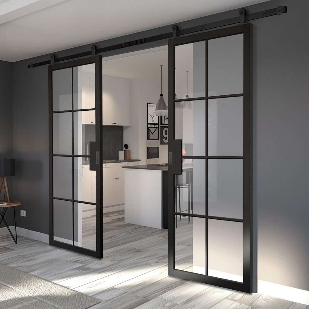 Top Mounted Black Sliding Track & Double Door - Malvern Black Primed Internal Door - Clear Glass - Prefinished