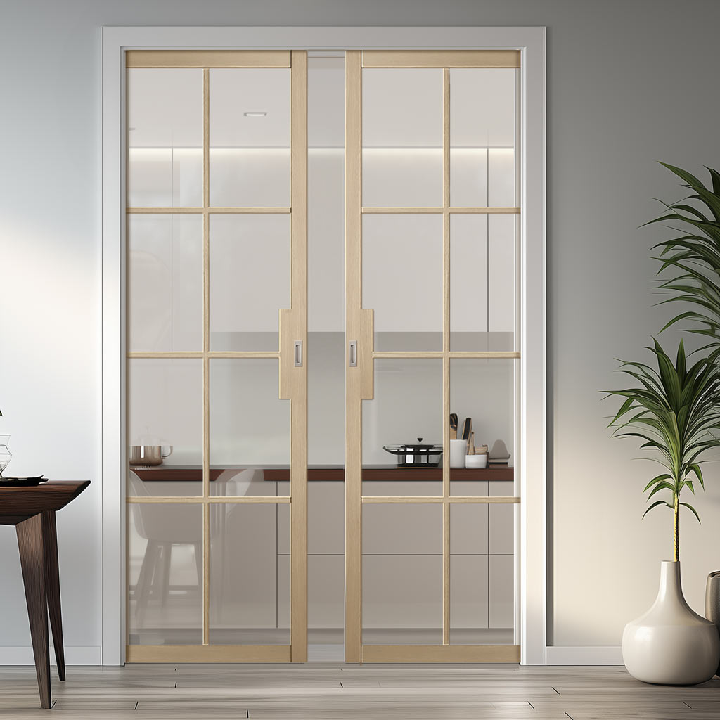 Malvern Blonde Oak Double Evokit Pocket Doors - Clear Glass - Prefinished