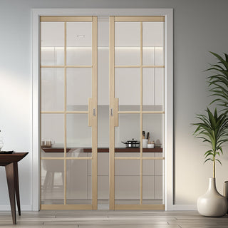 Image: Malvern Blonde Oak Double Evokit Pocket Doors - Clear Glass - Prefinished