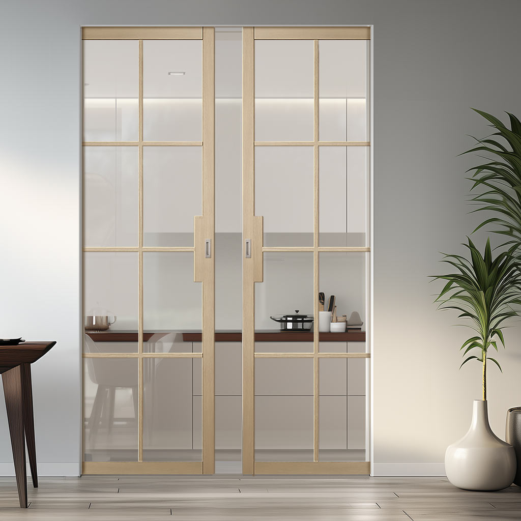 Malvern Blonde Oak Absolute Evokit Double Pocket Doors - Clear Glass - Prefinished