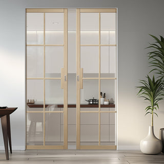 Image: Malvern Blonde Oak Absolute Evokit Double Pocket Doors - Clear Glass - Prefinished