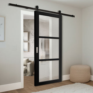 Image: Top Mounted Black Sliding Track & Solid Wood Door - Handcrafted Eco-Urban Manchester 3 Pane Solid Wood Door DD6306 - Clear Reeded Glass - Shadow Black Premium Primed