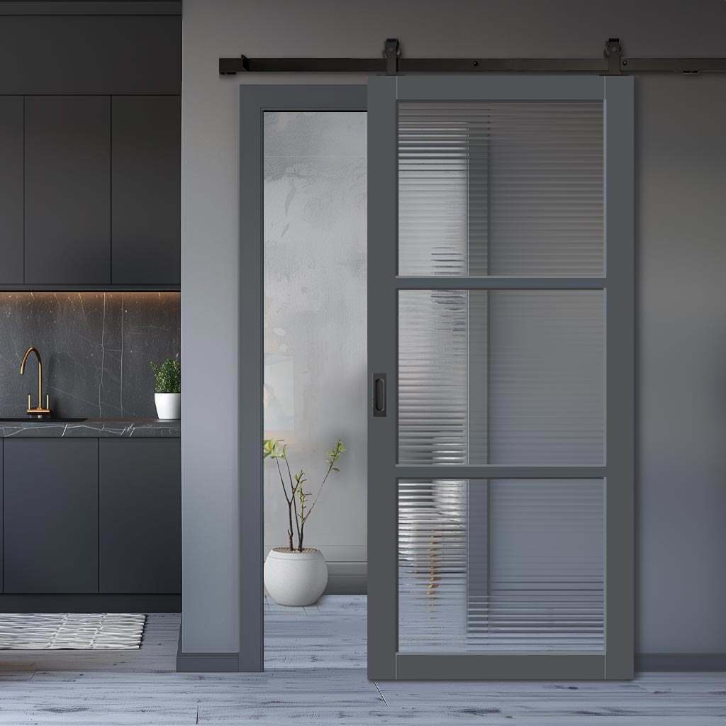 Top Mounted Black Sliding Track & Solid Wood Door - Handcrafted Eco-Urban Manchester 3 Pane Solid Wood Door DD6306 - Clear Reeded Glass - Stormy Grey Premium Primed