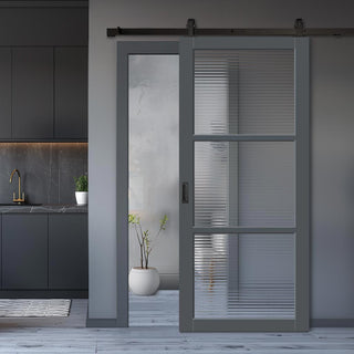 Image: Top Mounted Black Sliding Track & Solid Wood Door - Handcrafted Eco-Urban Manchester 3 Pane Solid Wood Door DD6306 - Clear Reeded Glass - Stormy Grey Premium Primed