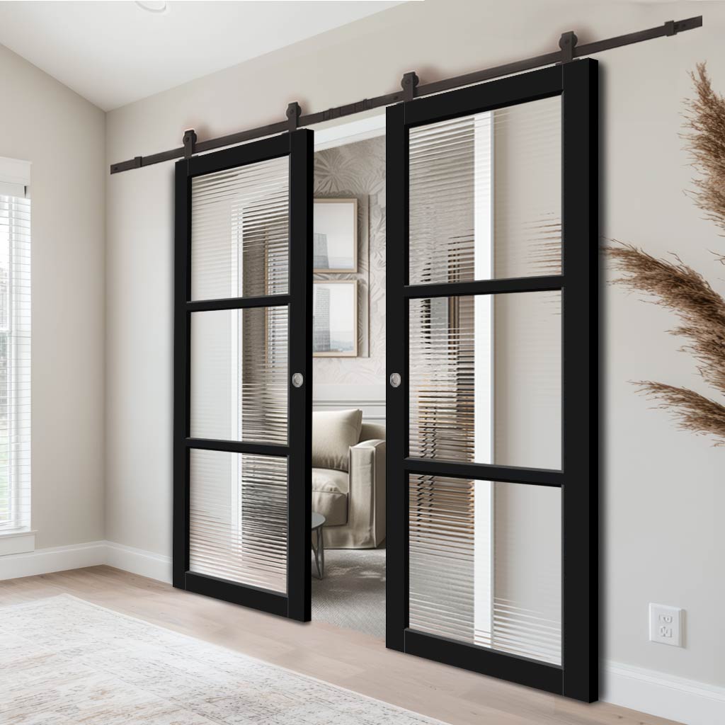 Top Mounted Black Sliding Track & Solid Wood Double Doors - Eco-Urban Manchester 3 Pane Doors DD6306 - Clear Reeded Glass - Shadow Black Premium Primed