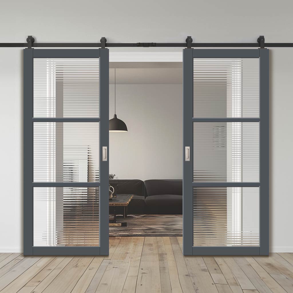 Top Mounted Black Sliding Track & Solid Wood Double Doors - Eco-Urban Manchester 3 Pane Doors DD6306 - Clear Reeded Glass - Stormy Grey Premium Primed