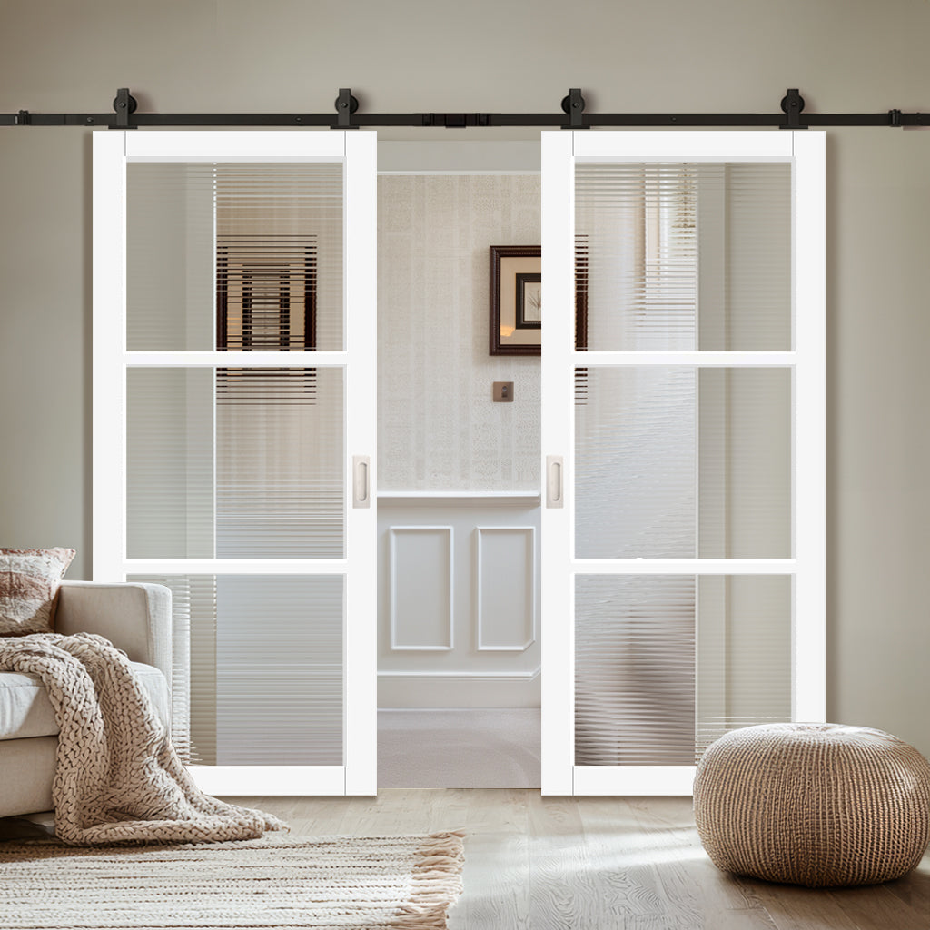 Top Mounted Black Sliding Track & Solid Wood Double Doors - Eco-Urban Manchester 3 Pane Doors DD6306 - Clear Reeded Glass - Cloud White Premium Primed