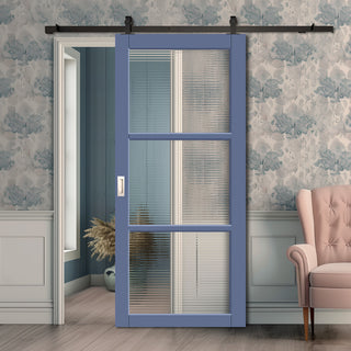 Image: Top Mounted Black Sliding Track & Solid Wood Door - Handcrafted Eco-Urban Manchester 3 Pane Solid Wood Door DD6306 - Clear Reeded Glass - Heather Blue Premium Primed