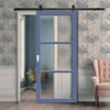 Top Mounted Black Sliding Track & Solid Wood Door - Handcrafted Eco-Urban Manchester 3 Pane Solid Wood Door DD6306 - Clear Reeded Glass - Heather Blue Premium Primed