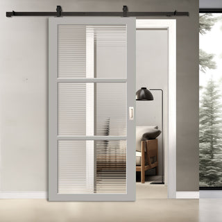 Image: Top Mounted Black Sliding Track & Solid Wood Door - Handcrafted Eco-Urban Manchester 3 Pane Solid Wood Door DD6306 - Clear Reeded Glass - Mist Grey Premium Primed