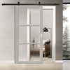 Top Mounted Black Sliding Track & Solid Wood Door - Handcrafted Eco-Urban Manchester 3 Pane Solid Wood Door DD6306 - Clear Reeded Glass - Mist Grey Premium Primed