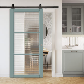 Image: Top Mounted Black Sliding Track & Solid Wood Door - Handcrafted Eco-Urban Manchester 3 Pane Solid Wood Door DD6306 - Clear Reeded Glass - Sage Sky Premium Primed