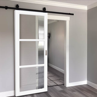 Image: Top Mounted Black Sliding Track & Solid Wood Door - Handcrafted Eco-Urban Manchester 3 Pane Solid Wood Door DD6306 - Clear Reeded Glass - Cloud White Premium Primed