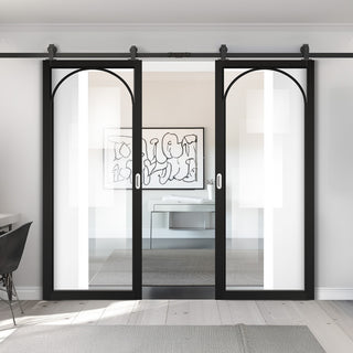 Image: Top Mounted Black Sliding Track & Double Door - Melrose Black Internal Door - Clear Glass - Prefinished