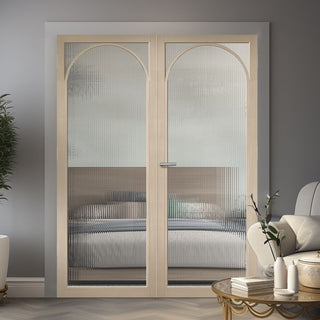 Image: Melrose Blonde Oak Internal Door Pair - Reeded  Glass - Prefinished