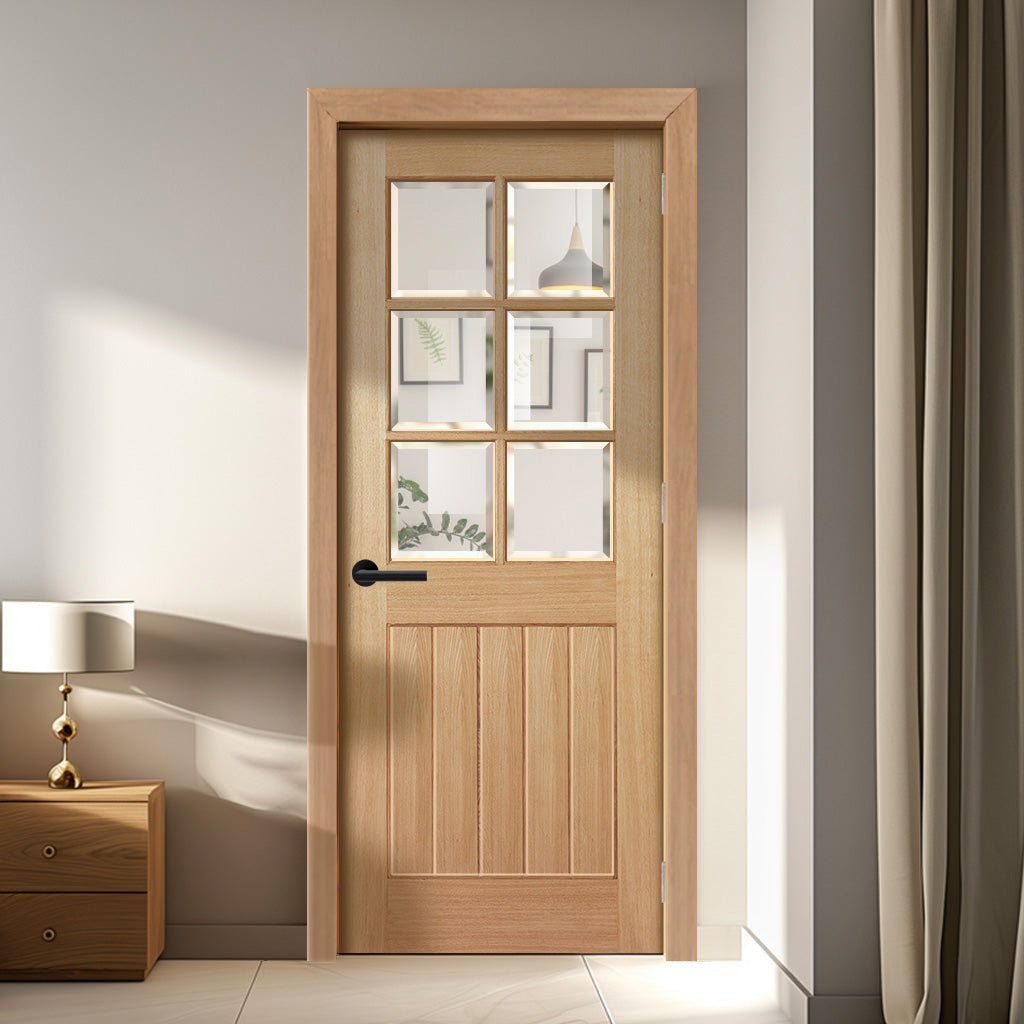 EasiKit Internal Door and Frame Kit - Mexicano Oak 6 Pane Internal Door - Bevelled Clear Glass