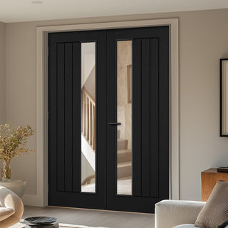 Image: Mexicano Black Internal Door Pair - Vertical Lining - Offset Clear Glass - Prefinished