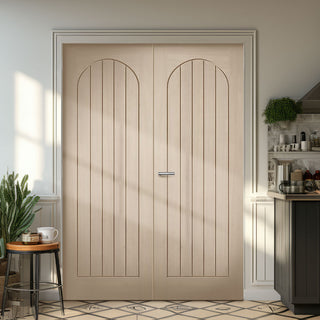 Image: Mexicano Blonde Oak Internal Door Pair - Arched Square Top & Vertical Lining - Prefinished