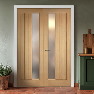 Image: Mexicano Oak Internal Door Pair - Offset Glazed - Frosted Glass - Prefinished