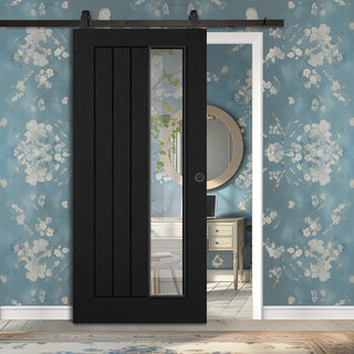 Image: Top Mounted Black Sliding Track & Door - Mexicano Black Internal Door - Vertical Lining - Offset Clear Glass - Prefinished