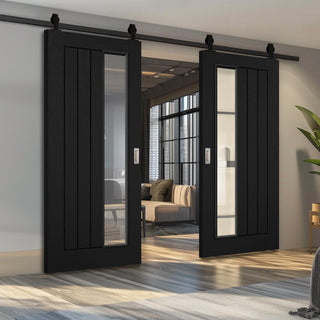 Image: Top Mounted Black Sliding Track & Double Door - Mexicano Black Internal Door - Vertical Lining - Offset Clear Glass - Prefinished