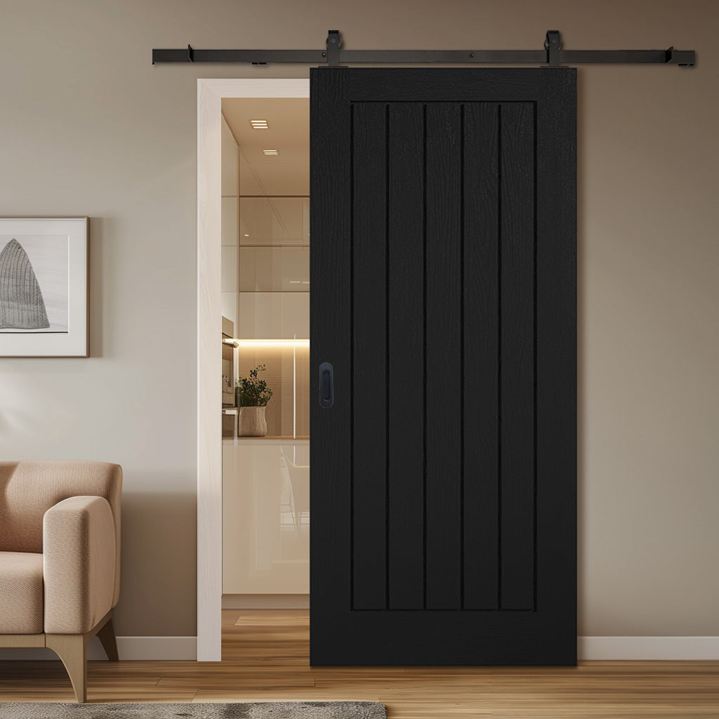 Top Mounted Black Sliding Track & Door - Mexicano Black Internal Door - Vertical Lining - Prefinished