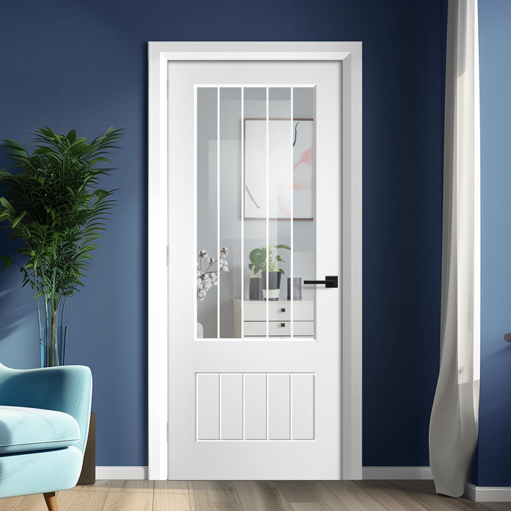 EasiKit Internal Door and Frame Kit - Mexicano White Primed Doors -  3/4 Clear Glass with Frosted Lines