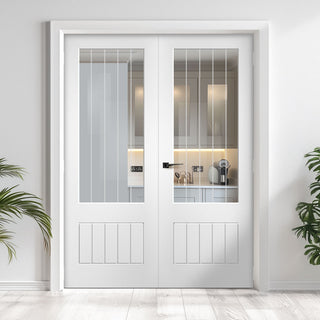 Image: Mexicano White Primed Door Pair -  3/4 Clear Glass with Frosted Lines